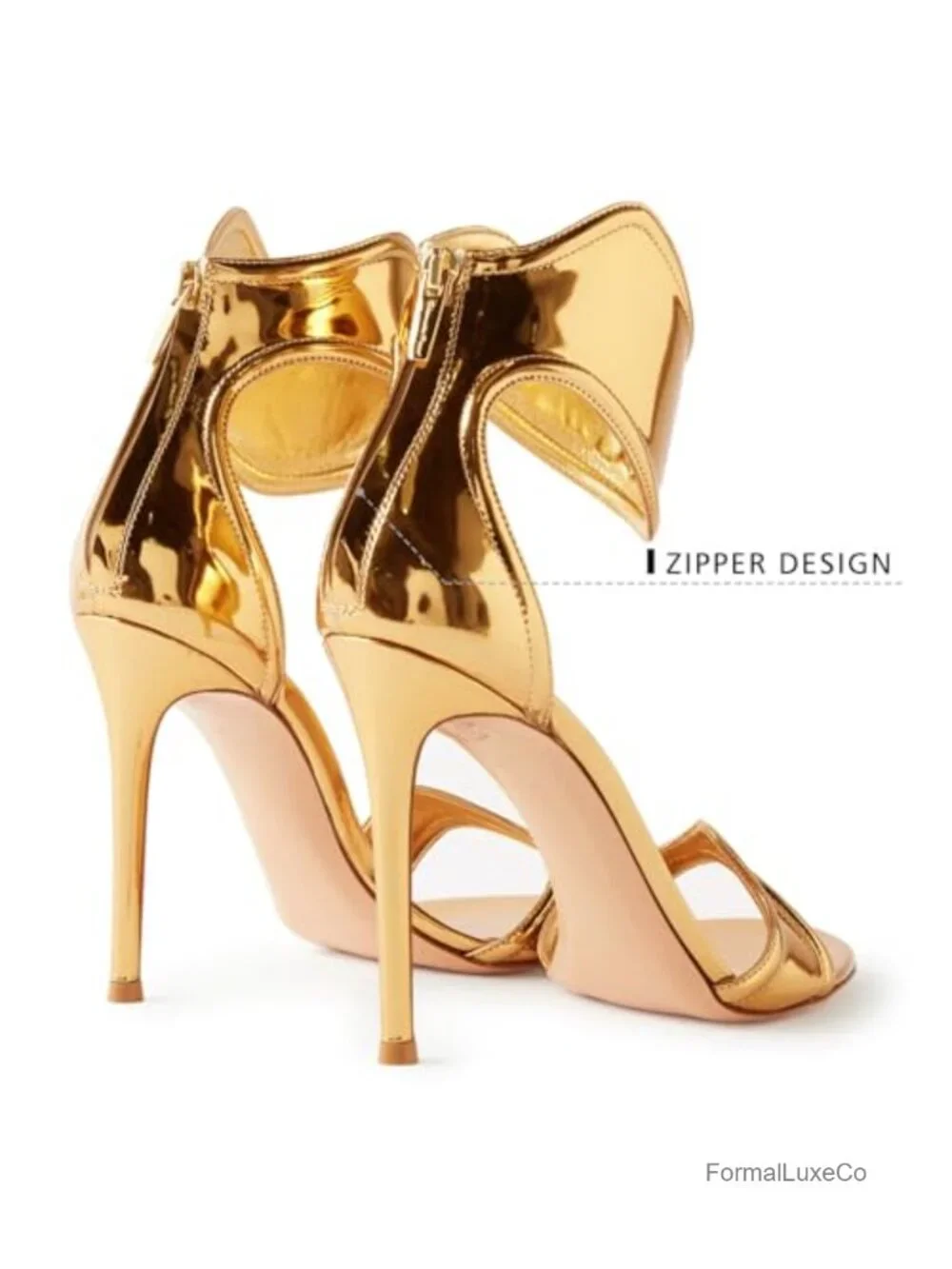 Metallic Open Toe Heeled Sandals with Back Zipper and Ankle Strap for Party